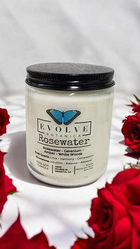 Evolve Botanica Classic 9oz Jam Jar Crystal Soy Candle - Rosewater (Rose Quartz & Moonstone)