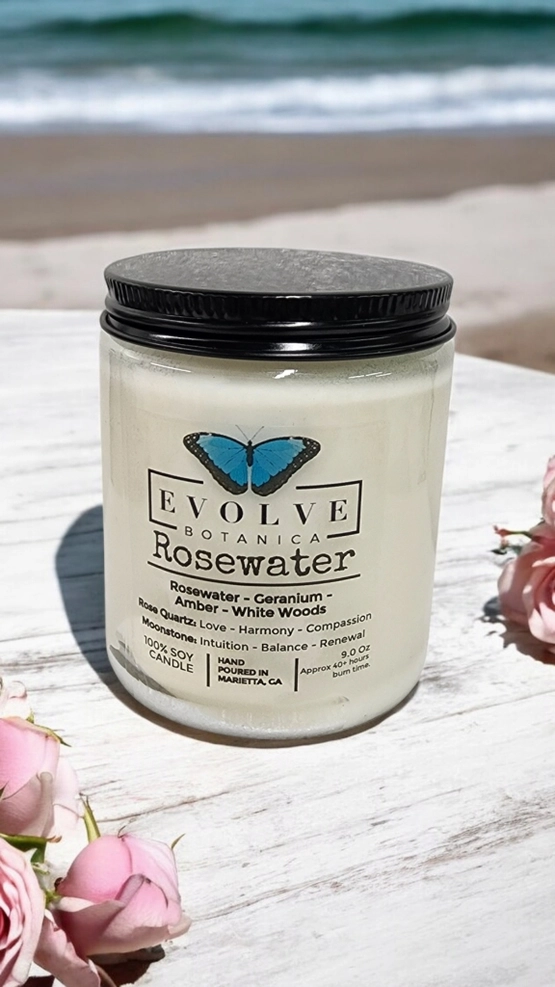 Evolve Botanica Classic 9oz Jam Jar Crystal Soy Candle - Rosewater (Rose Quartz & Moonstone)