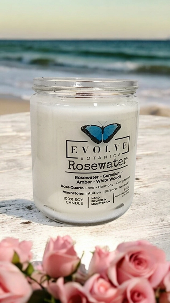 Evolve Botanica Classic 9oz Jam Jar Crystal Soy Candle - Rosewater (Rose Quartz & Moonstone)