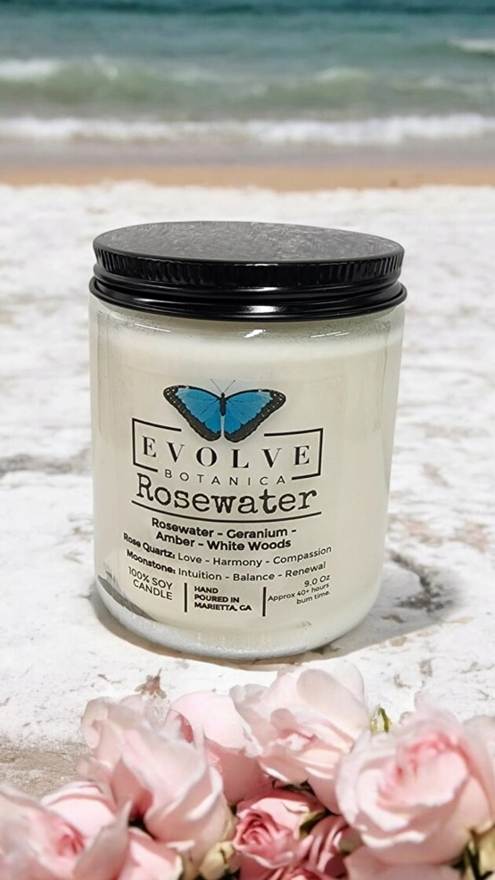 Evolve Botanica Classic 9oz Jam Jar Crystal Soy Candle - Rosewater (Rose Quartz & Moonstone)