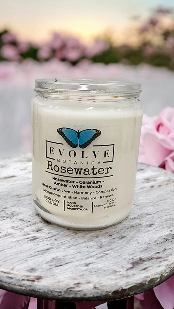Evolve Botanica Classic 9oz Jam Jar Crystal Soy Candle - Rosewater (Rose Quartz & Moonstone)