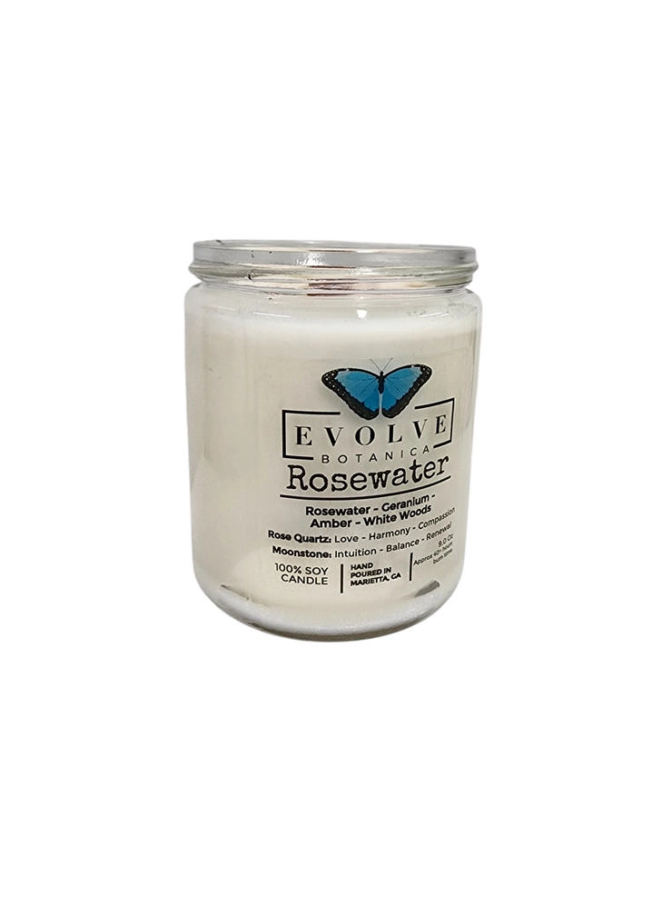 Evolve Botanica Classic 9oz Jam Jar Crystal Soy Candle - Rosewater (Rose Quartz & Moonstone)