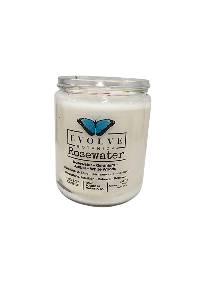 Evolve Botanica Classic 9oz Jam Jar Crystal Soy Candle - Rosewater (Rose Quartz & Moonstone)