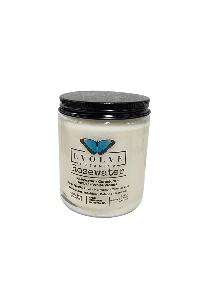 Evolve Botanica Classic 9oz Jam Jar Crystal Soy Candle - Rosewater (Rose Quartz & Moonstone)
