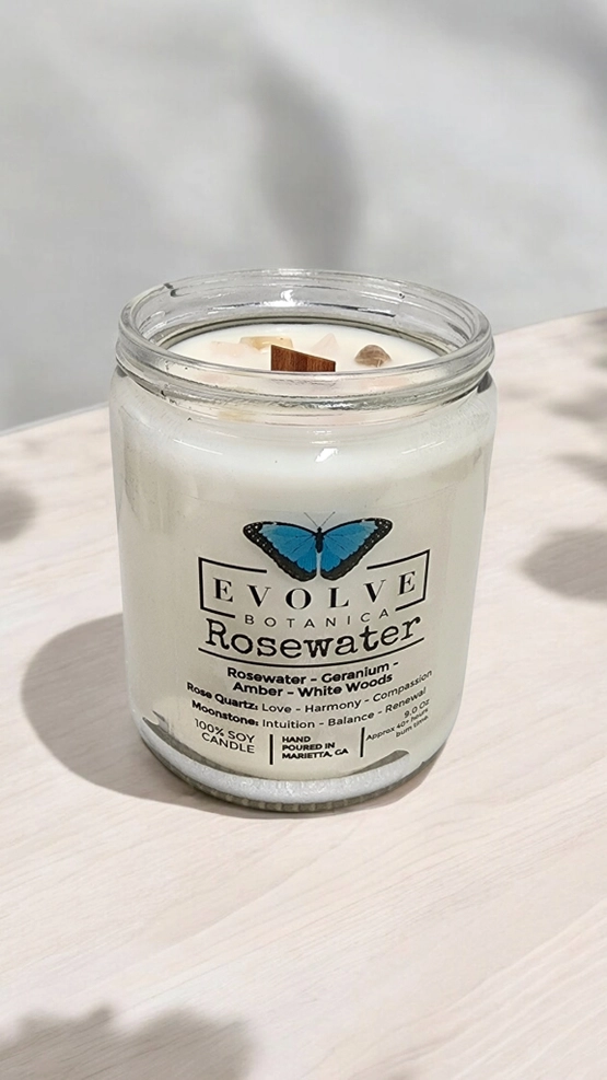 Evolve Botanica Classic 9oz Jam Jar Crystal Soy Candle - Rosewater (Rose Quartz & Moonstone)