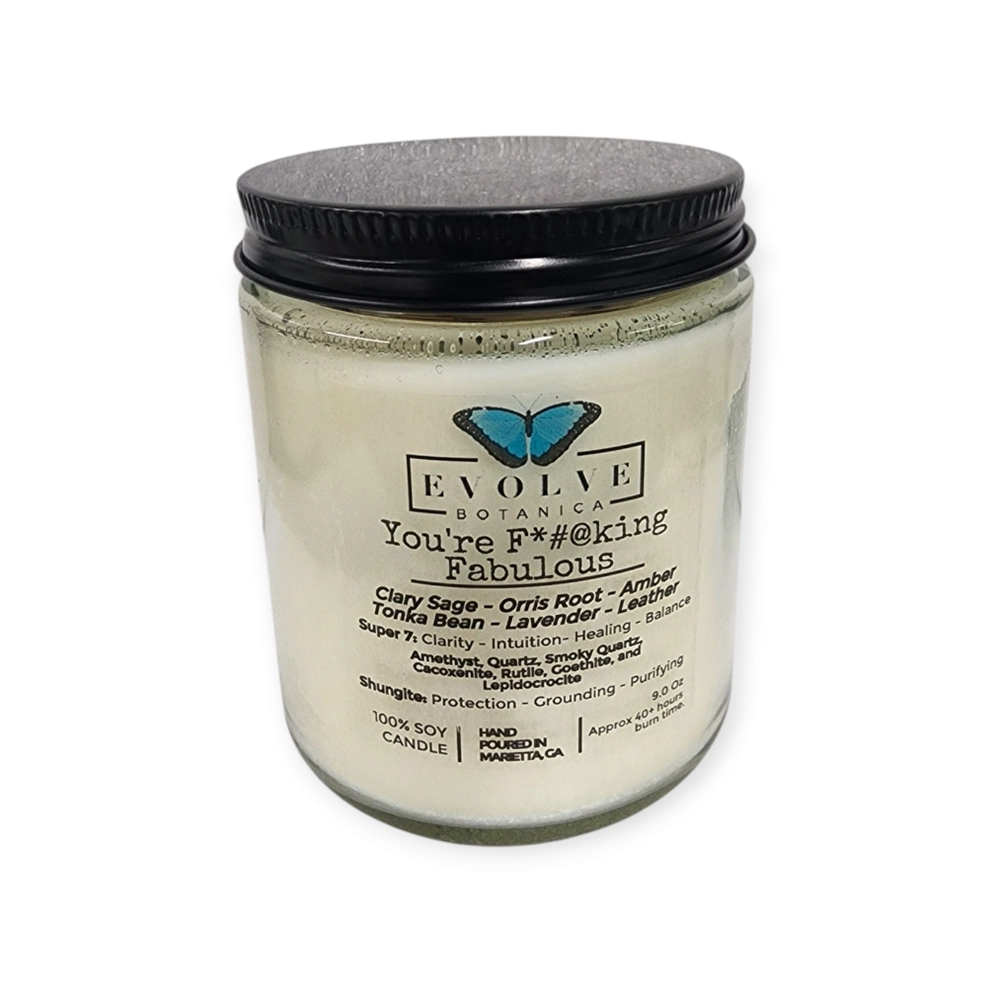 Evolve Botanica Classic 9oz Jam Jar Crystal Soy Candle - You're F*#@king Fabulous (Amethyst, Quartz, Smoky Quartz, Cacoxenite, Rutile, Goethite, & Lepidocrocite)