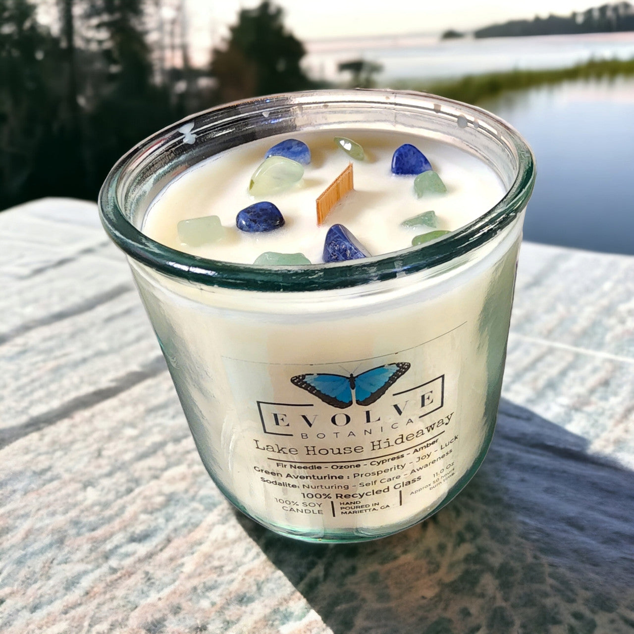 Evolve Botanica Rocks Candle - Lake House Hideaway (Wood Wick Green Aventurine Gemstone Soy Candle)