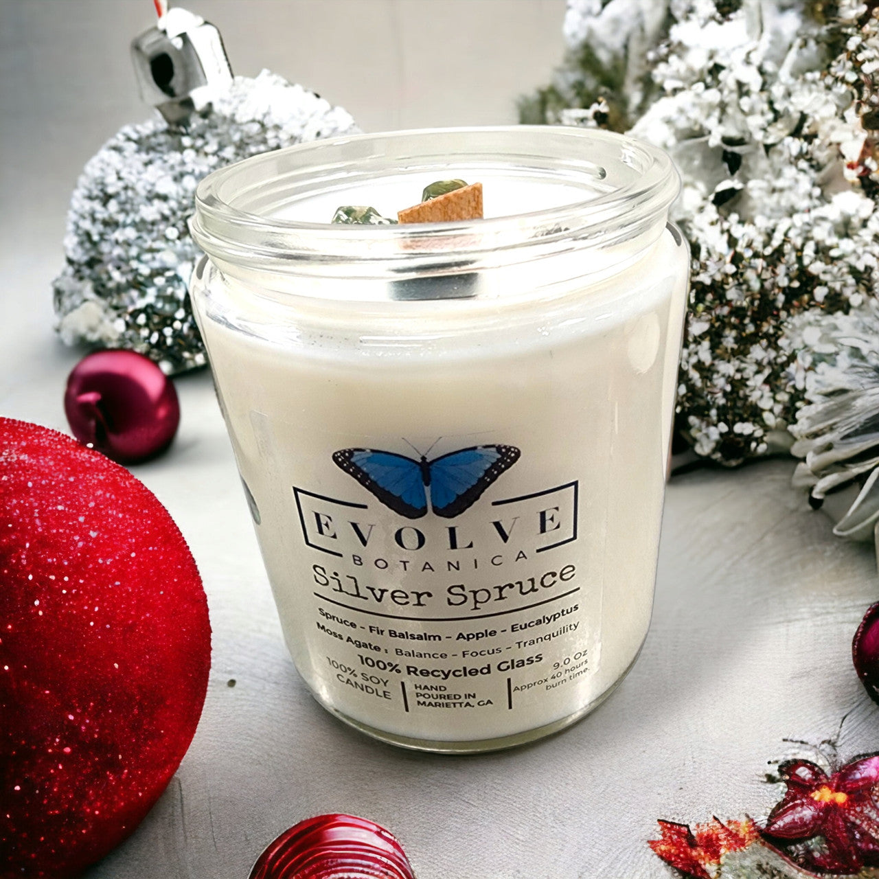Evolve Botanica Classic 9oz Jam Jar Crystal Soy Candle - Silver Spruce (Moss Agate)