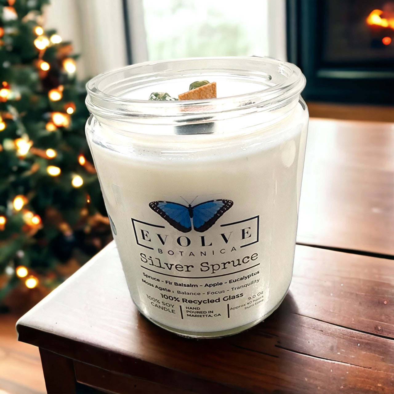 Evolve Botanica Classic 9oz Jam Jar Crystal Soy Candle - Silver Spruce (Moss Agate)
