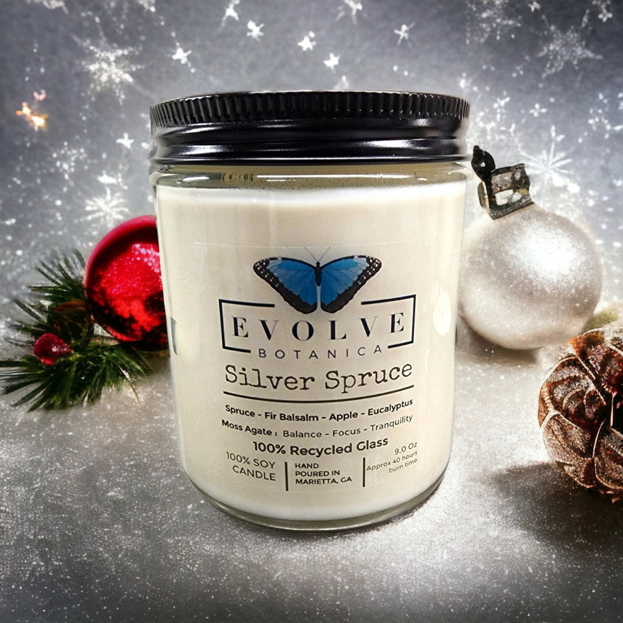Evolve Botanica Classic 9oz Jam Jar Crystal Soy Candle - Silver Spruce (Moss Agate)