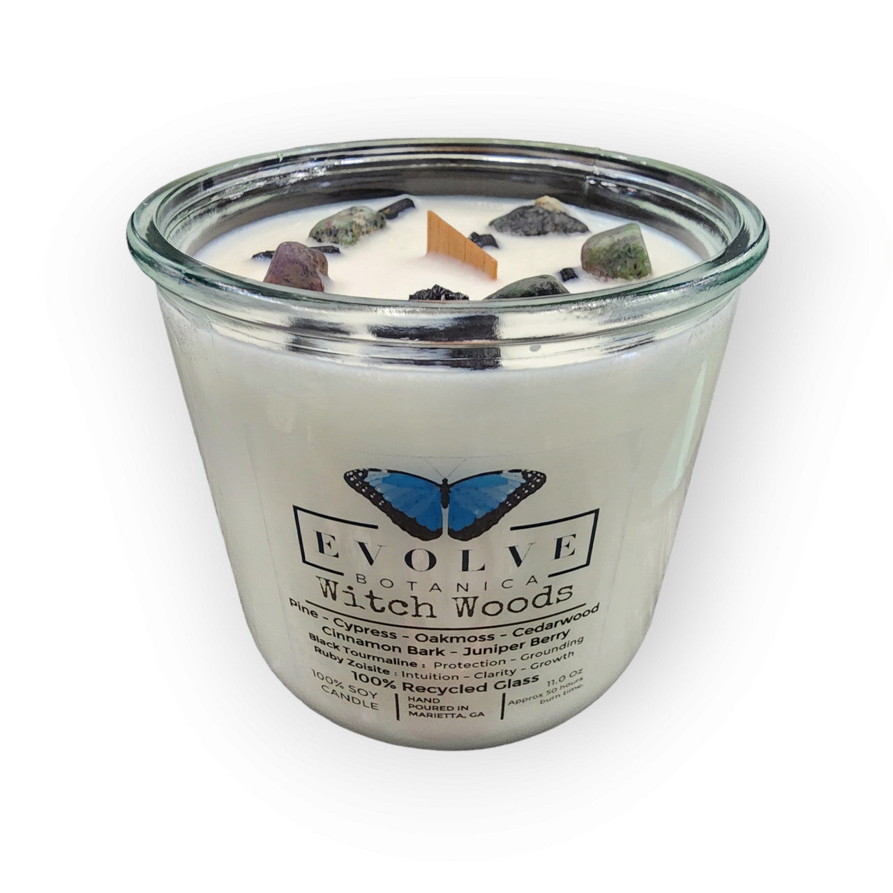 Evolve Botanica Rocks Candle - Witch Woods (Wood Wick Tourmaline & Zoisite Gemstone Soy Candle)