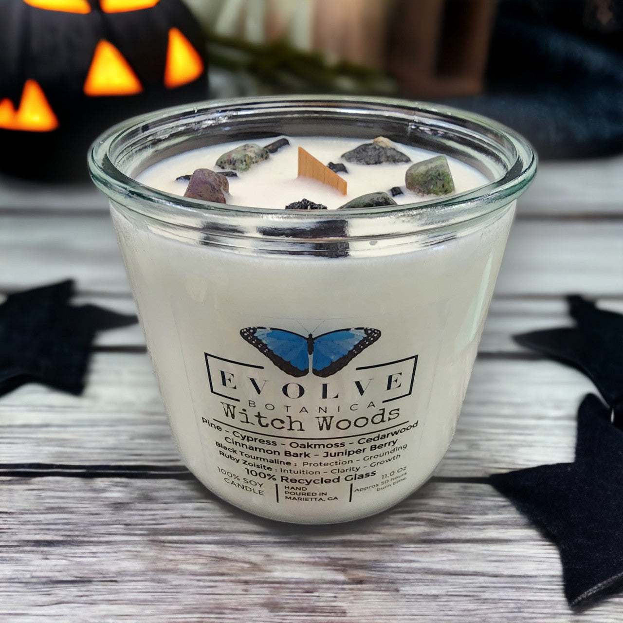 Evolve Botanica Rocks Candle - Witch Woods (Wood Wick Tourmaline & Zoisite Gemstone Soy Candle)