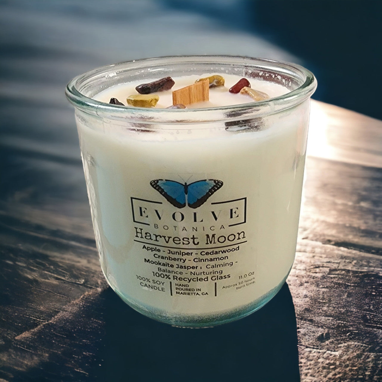 Evolve Botanica Rocks Candle - Harvest Moon (Wood Wick Mookite Gemstone Soy Candle)