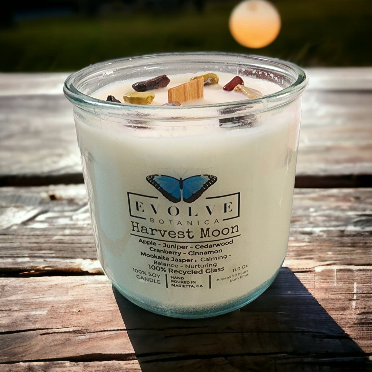Evolve Botanica Rocks Candle - Harvest Moon (Wood Wick Mookite Gemstone Soy Candle)