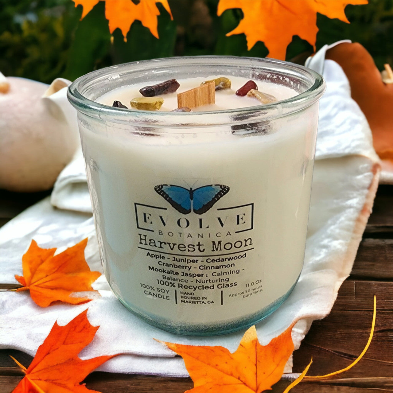 Evolve Botanica Rocks Candle - Harvest Moon (Wood Wick Mookite Gemstone Soy Candle)