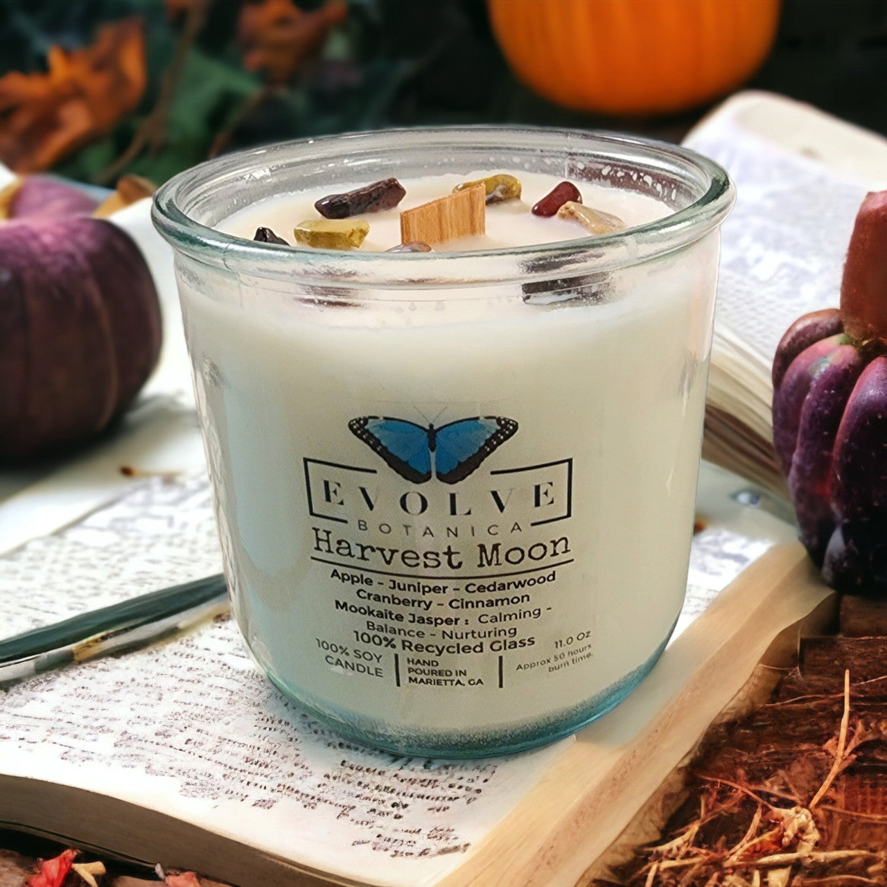 Evolve Botanica Rocks Candle - Harvest Moon (Wood Wick Mookite Gemstone Soy Candle)