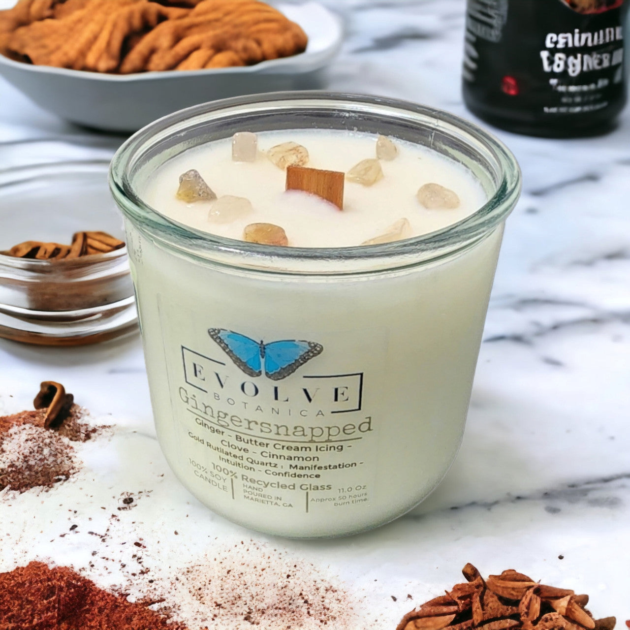 Eovelve Botanica Rocks Candle - Gingersnapped (Wood Wick Gold Rutilated Quartz Gemstone Soy Candle)