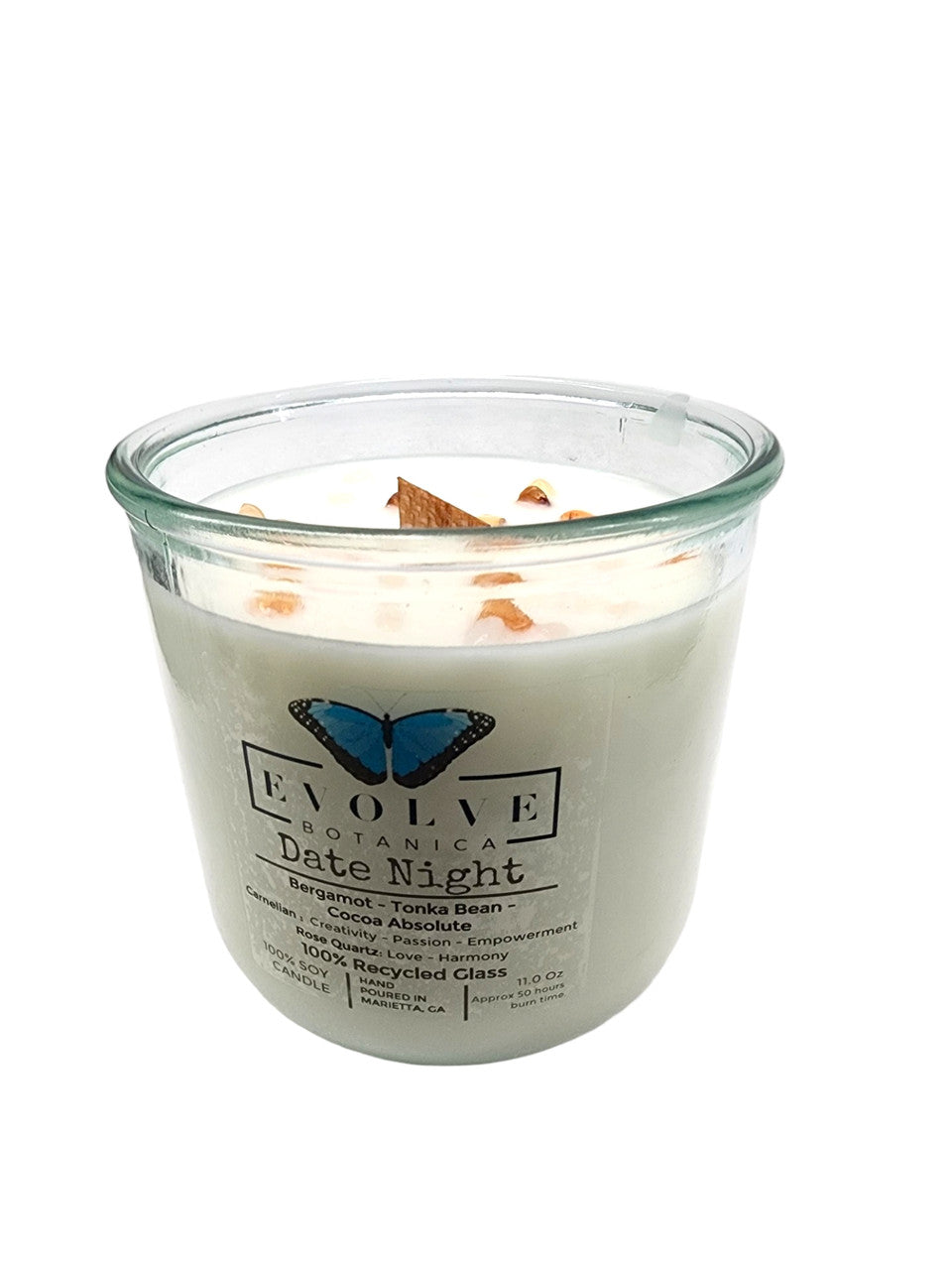 Evolve Botanica Rocks Candle - Date Night (Wood Wick Rose Quartz & Carnelian Gemstone Soy Candle)