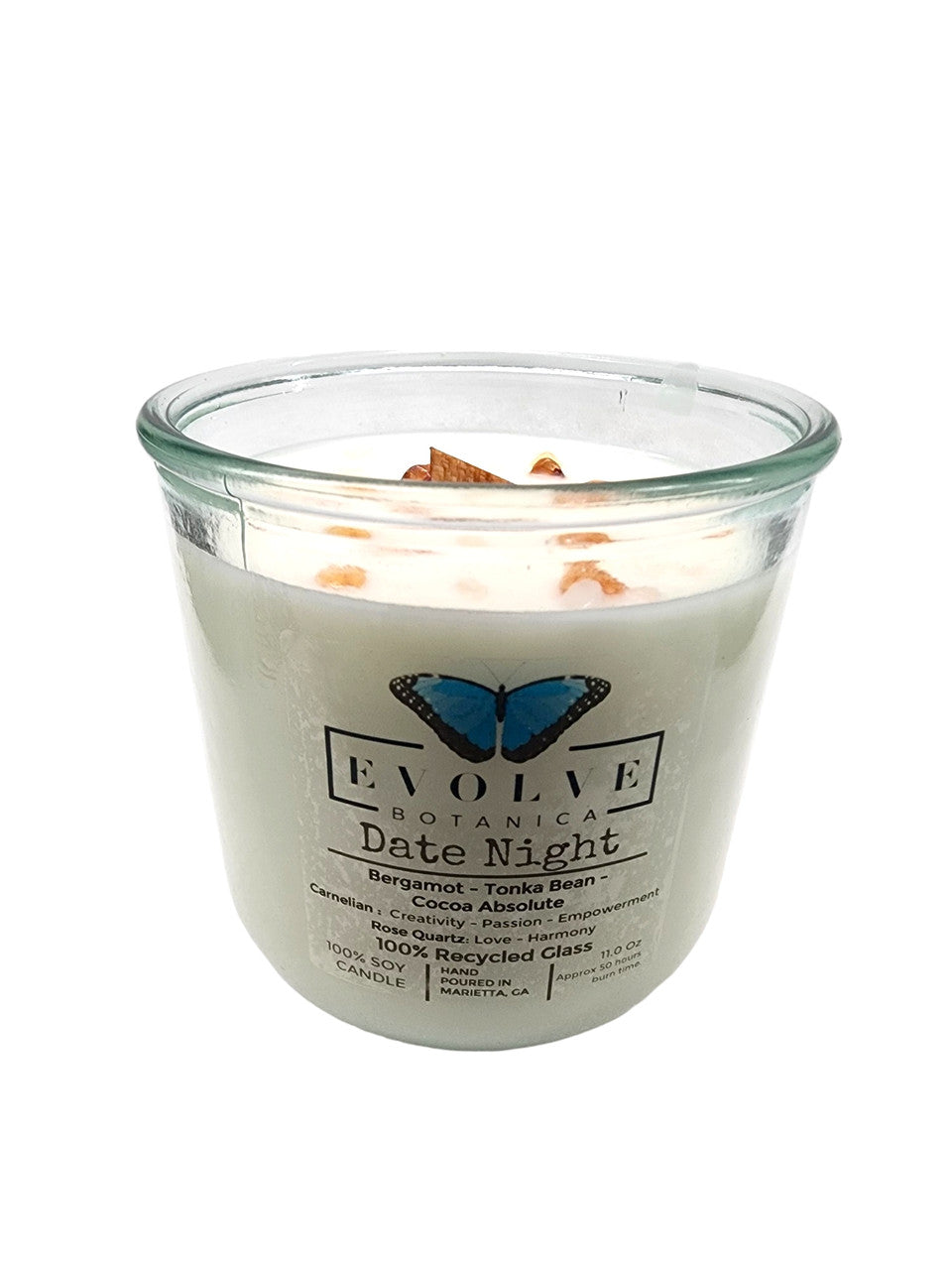 Evolve Botanica Rocks Candle - Date Night (Wood Wick Rose Quartz & Carnelian Gemstone Soy Candle)