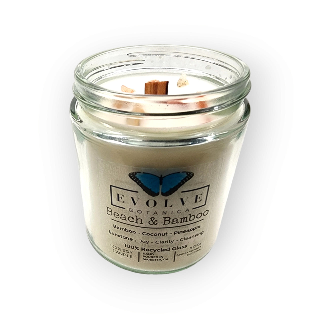 Evolve Botanica Classic 9oz Jam Jar Crystal Soy Candle - Beach & Bamboo (Sunstone)
