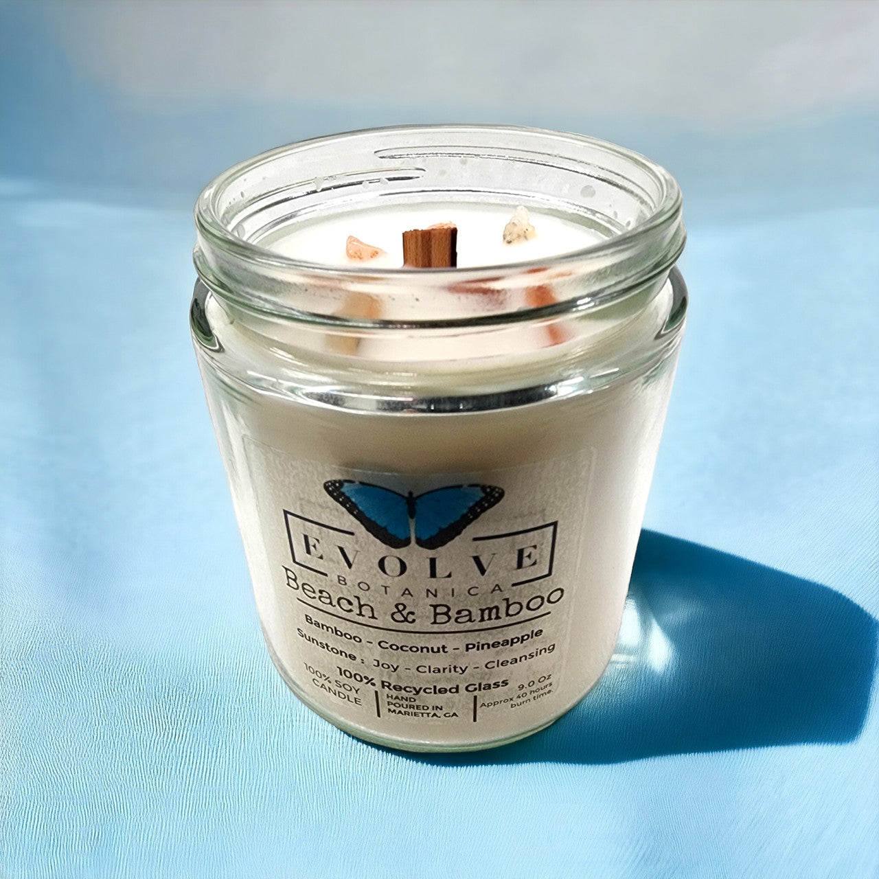 Evolve Botanica Classic 9oz Jam Jar Crystal Soy Candle - Beach & Bamboo (Sunstone)