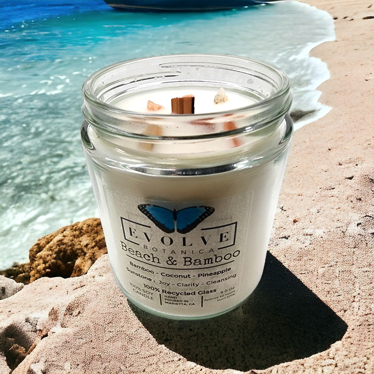 Evolve Botanica Classic 9oz Jam Jar Crystal Soy Candle - Beach & Bamboo (Sunstone)