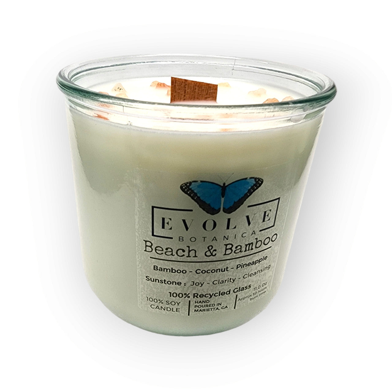 Evolve Botanica Rocks Candle - Beach & Bamboo (Wood Wick Sunstone Gemstone Soy Candle)