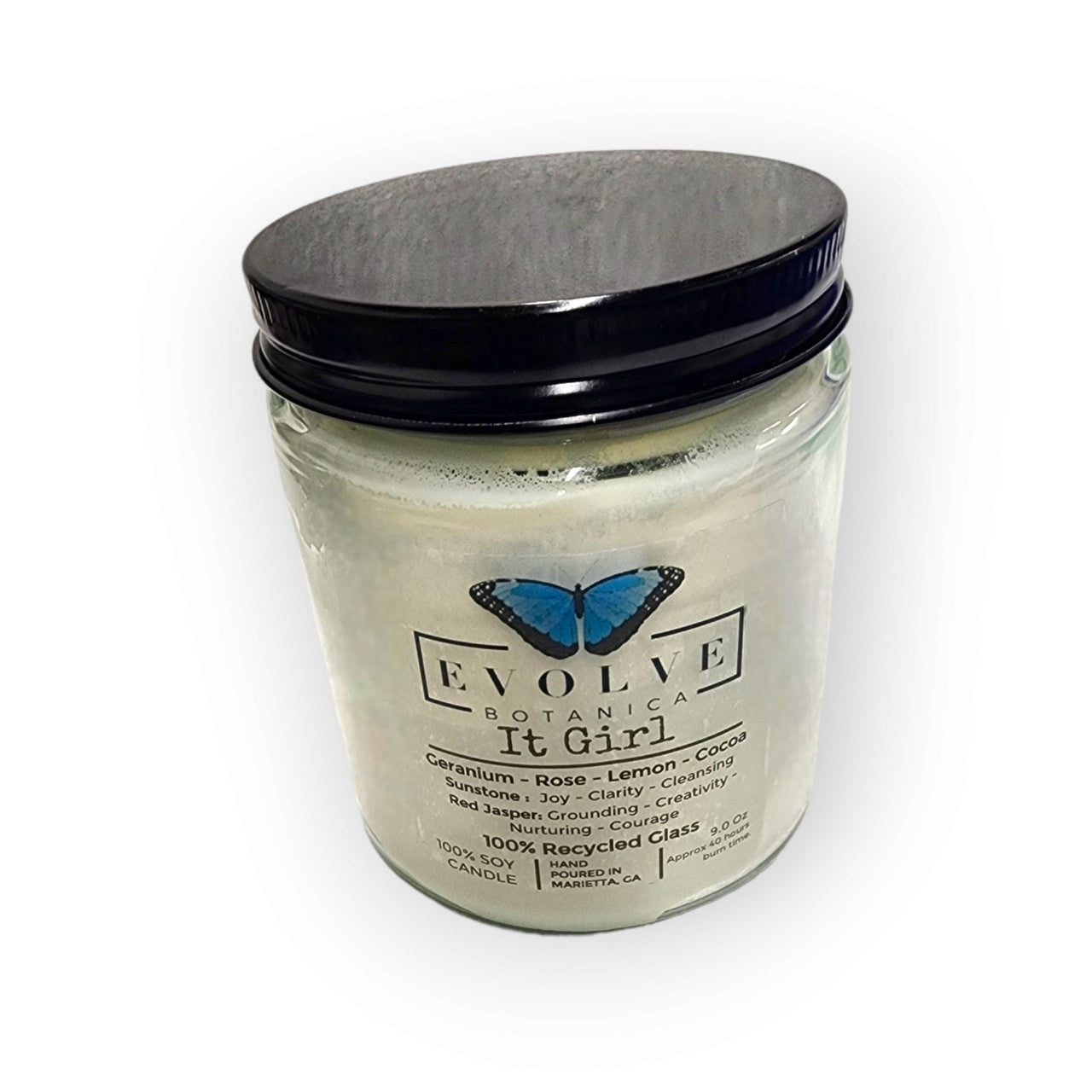 Evolve Botanica Classic 9oz Jam Jar Crystal Soy Candle - It Girl (Sunstone & Red Jasper)
