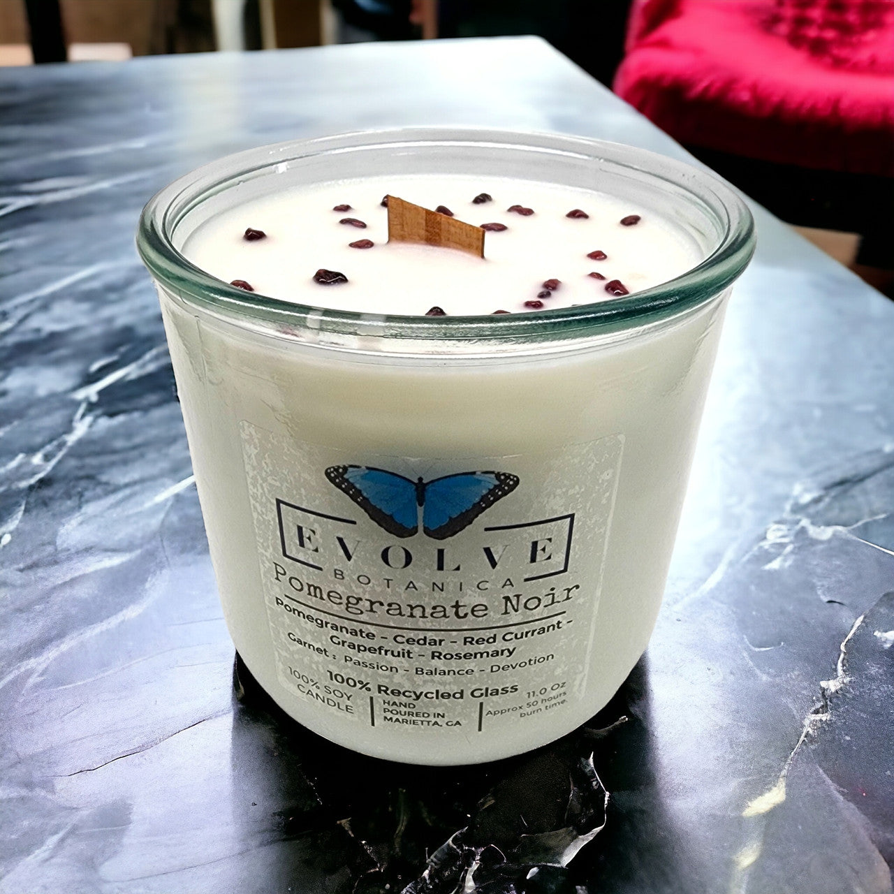 Evolve Botanica Rocks Candle - Pomegranate Noir (Wood Wick Garnet Gemstone Soy Candle)