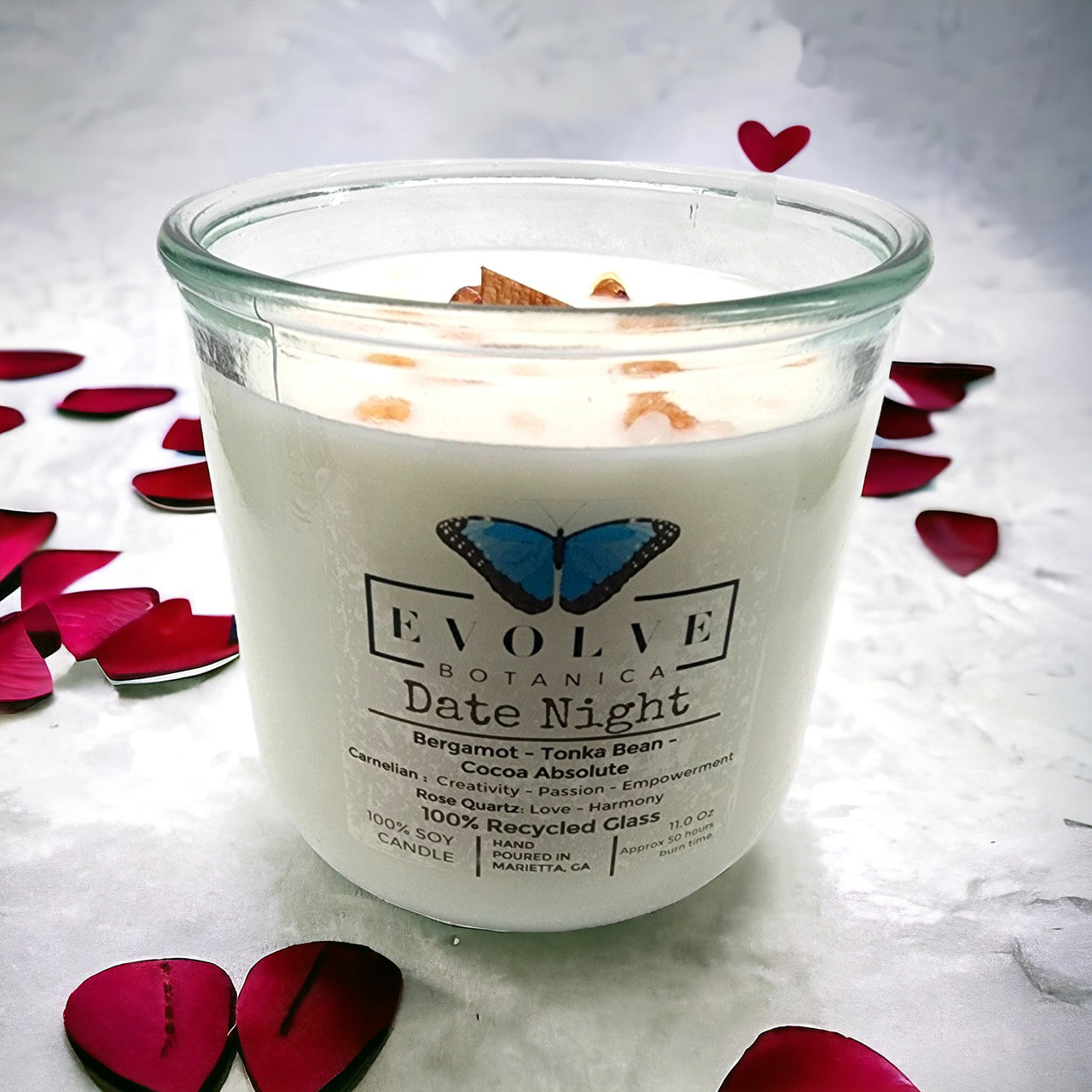 Evolve Botanica Rocks Candle - Date Night (Wood Wick Rose Quartz & Carnelian Gemstone Soy Candle)