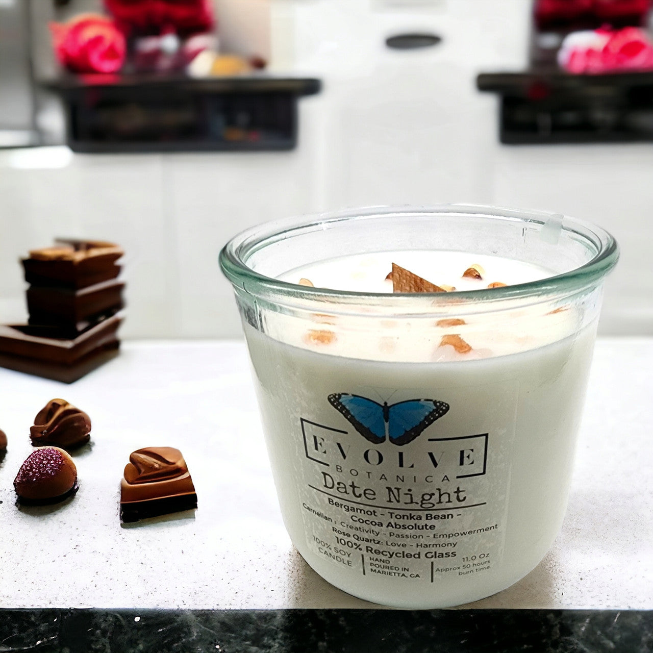 Evolve Botanica Rocks Candle - Date Night (Wood Wick Rose Quartz & Carnelian Gemstone Soy Candle)