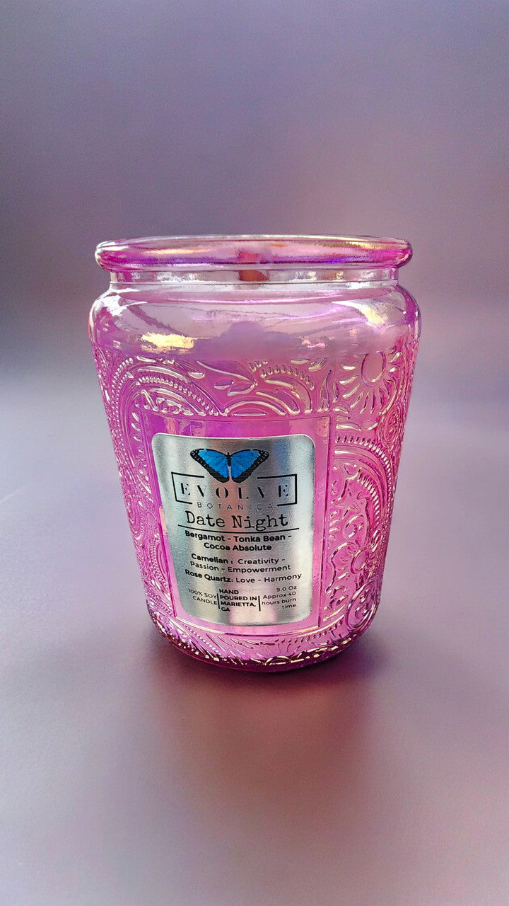 Evolve Botanica Date Night - Wood Wick Soy Candle (Sunstone & Red Jasper) - Embossed Glass