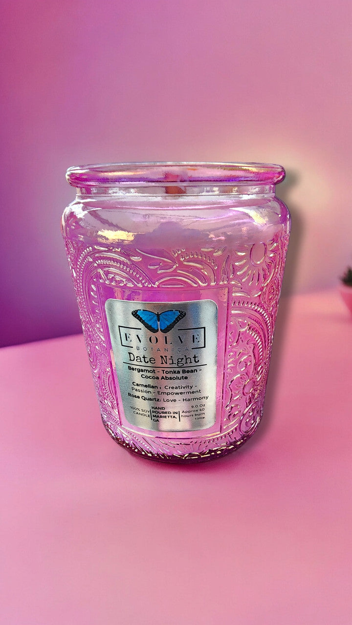Evolve Botanica Date Night - Wood Wick Soy Candle (Sunstone & Red Jasper) - Embossed Glass