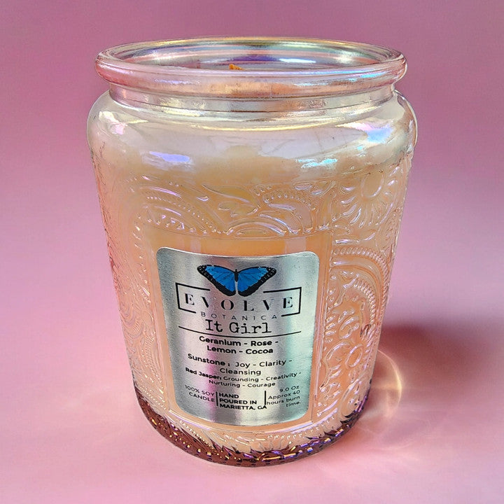 Evolve Botanica It Girl - Wood Wick Soy Candle (Sunstone & Red Jasper) - Embossed Glass