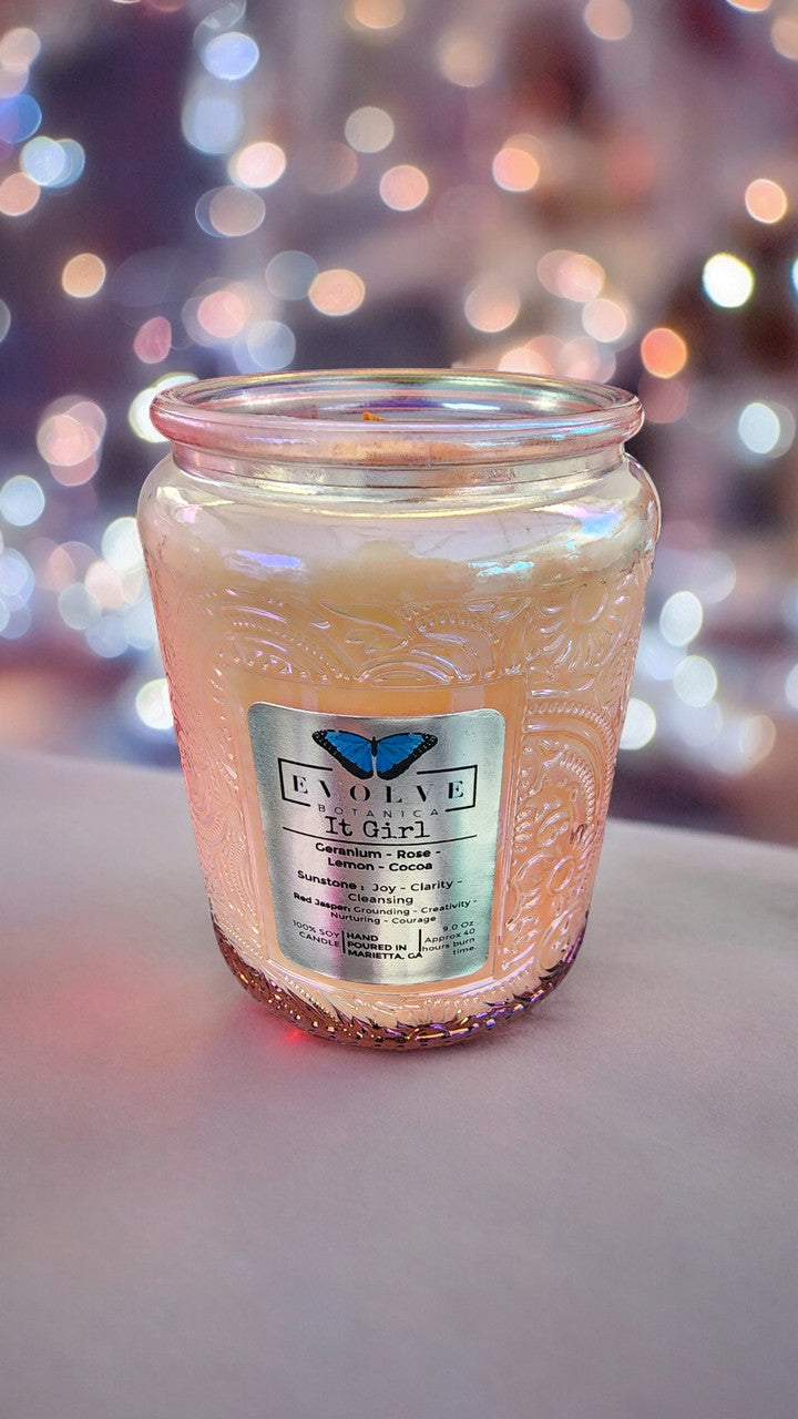 Evolve Botanica It Girl - Wood Wick Soy Candle (Sunstone & Red Jasper) - Embossed Glass