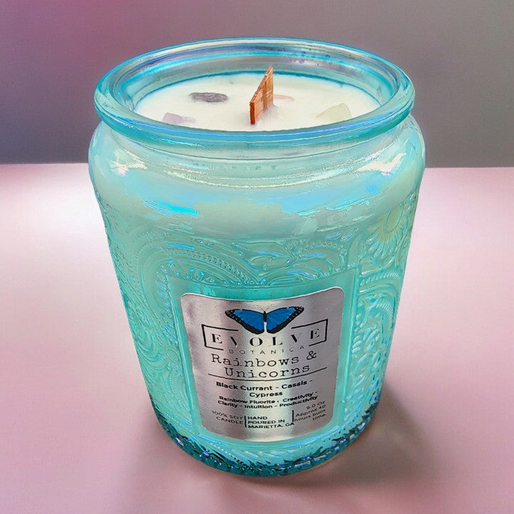 Evolve Botanica Rainbows & Unicorns - Wood Wick Soy Candle (Rainbow Fluorite) - Embossed Glass
