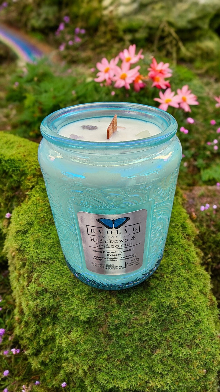 Evolve Botanica Rainbows & Unicorns - Wood Wick Soy Candle (Rainbow Fluorite) - Embossed Glass