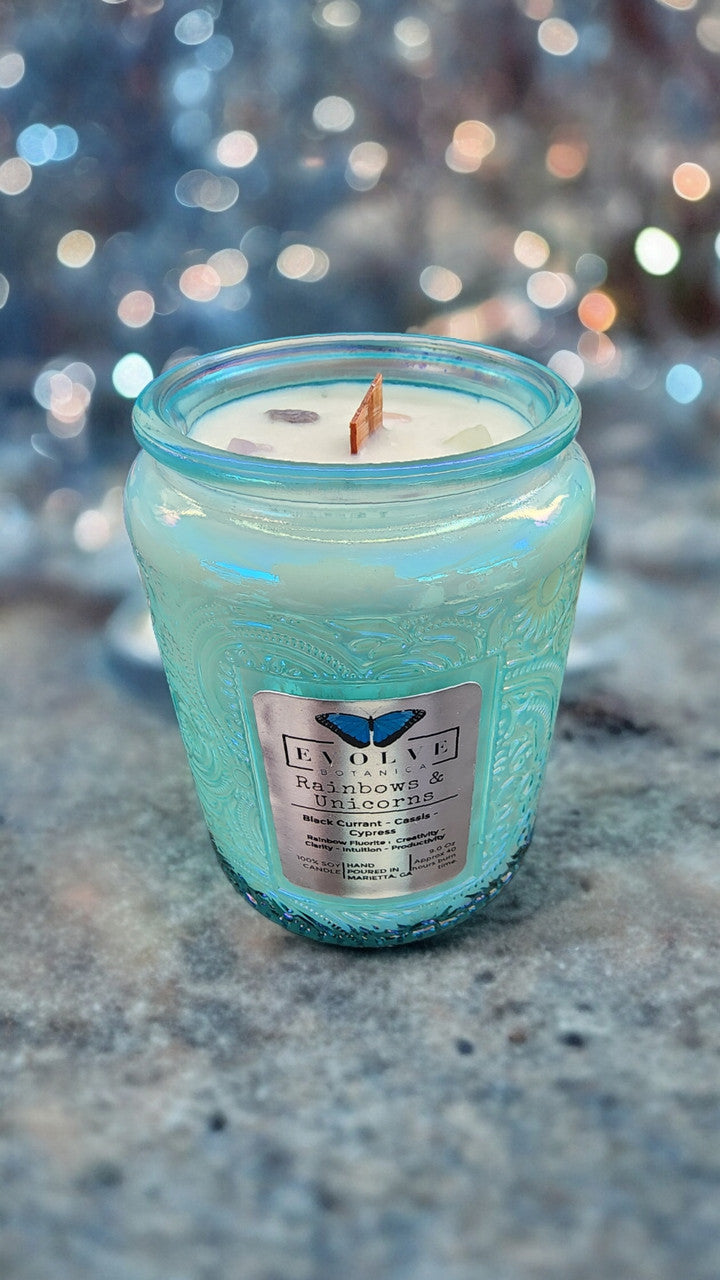 Evolve Botanica Rainbows & Unicorns - Wood Wick Soy Candle (Rainbow Fluorite) - Embossed Glass