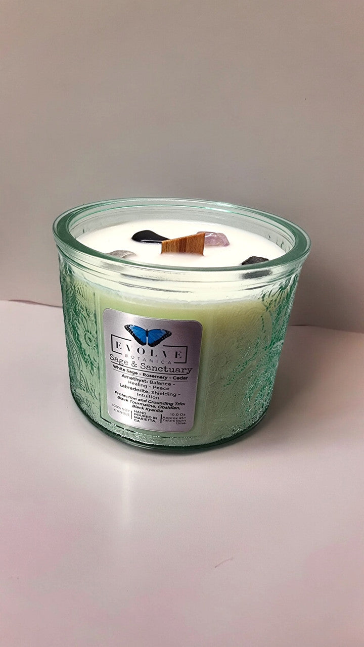 Evolve Botanica Sage & Sanctuary - Wood Wick Soy Candle (Black Kyanite, Black Tourmaline, Obsidian, Amethyst, Labradorite)- Embossed Glass