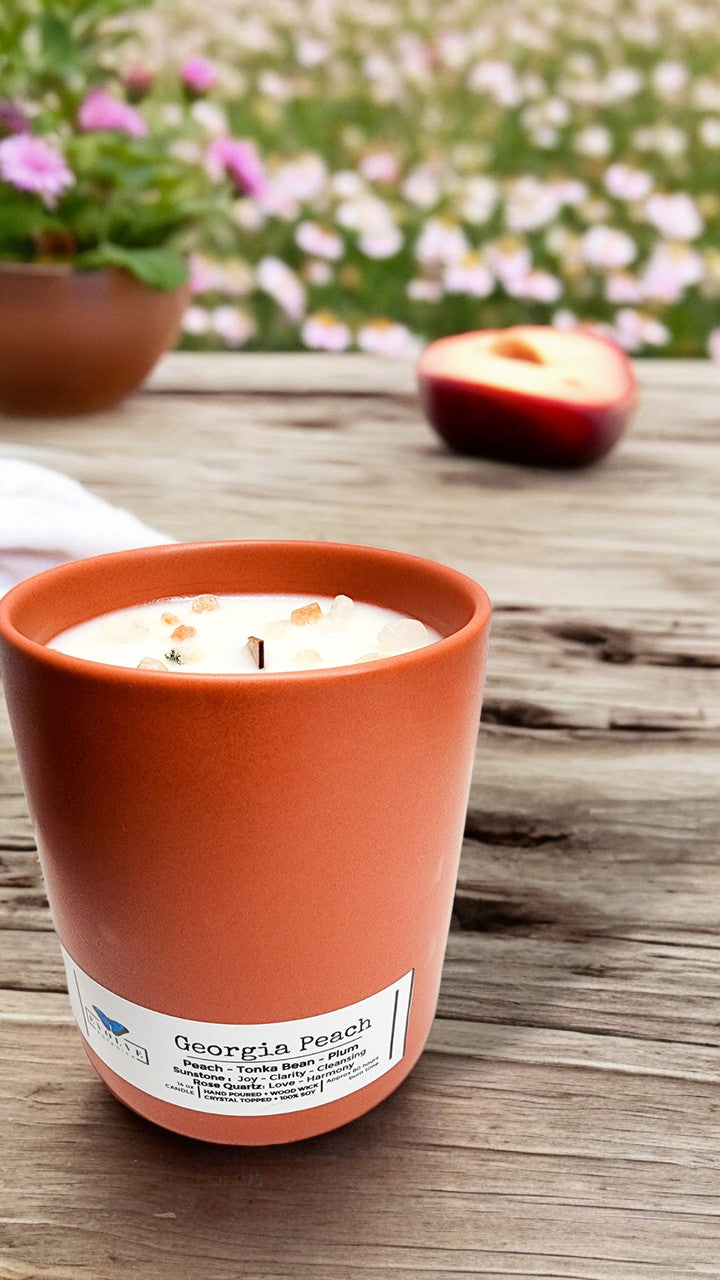 Evolve Botanica Farmers Market Candle - Georgia Peach (Wood Wick Gemstone Soy Candle)