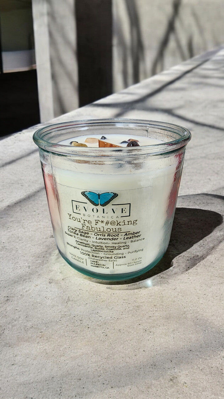 Rocks Candle - You're F*#@king Fabulous (Amethyst, Quartz, Smoky Quartz, Cacoxenite, Rutile, Goethite, & Lepidocrocite)