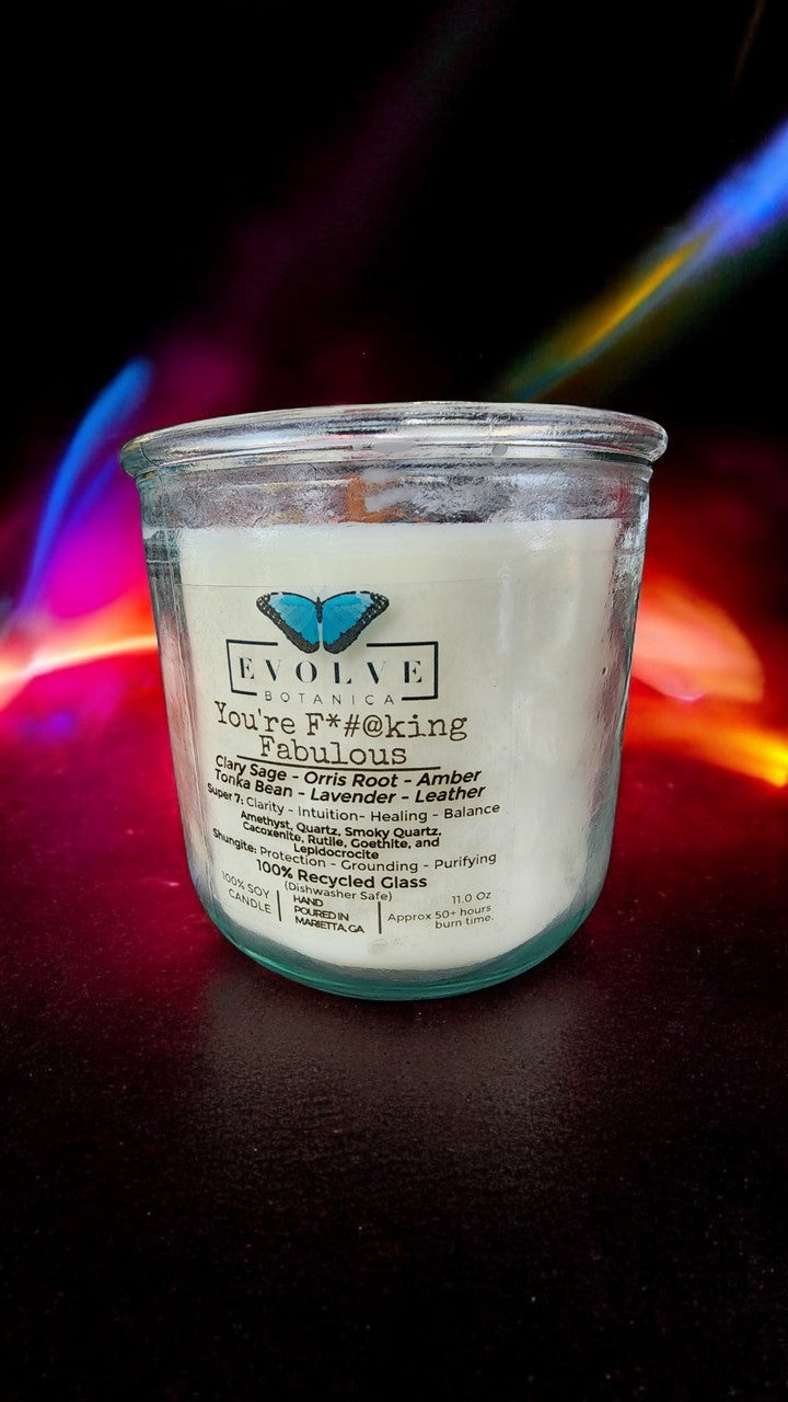 Rocks Candle - You're F*#@king Fabulous (Amethyst, Quartz, Smoky Quartz, Cacoxenite, Rutile, Goethite, & Lepidocrocite)