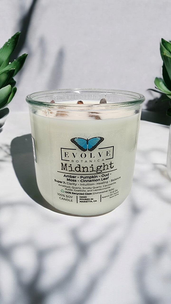Evolve Botanica Rocks Candle - Midnight (Wood Wick, Super Seven Gemstone Soy Candle)