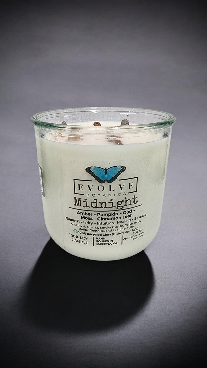 Evolve Botanica Rocks Candle - Midnight (Wood Wick, Super Seven Gemstone Soy Candle)