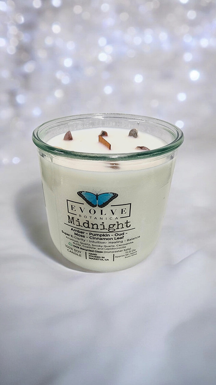Evolve Botanica Rocks Candle - Midnight (Wood Wick, Super Seven Gemstone Soy Candle)