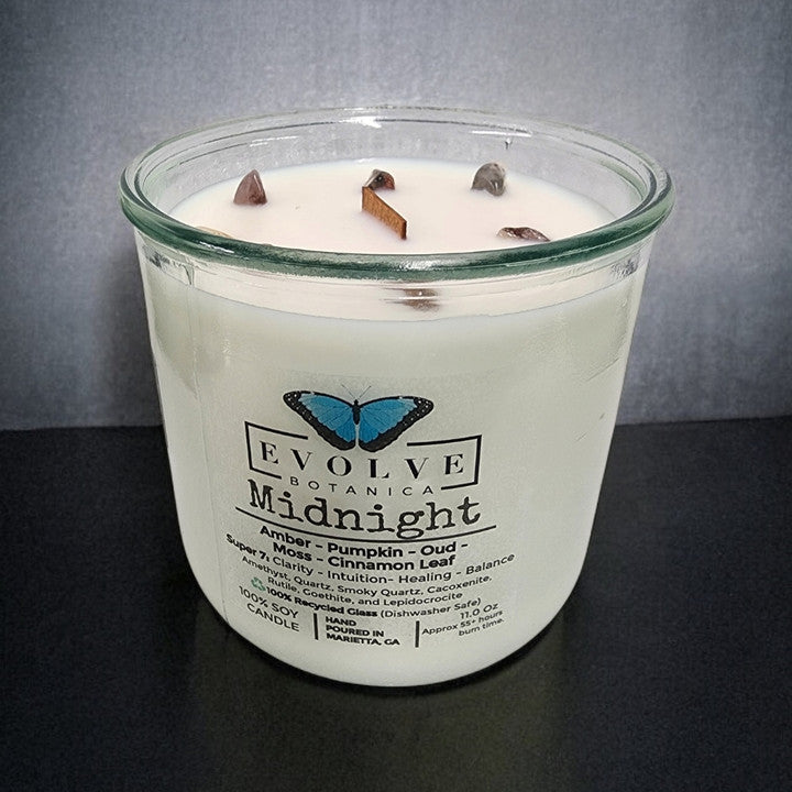 Evolve Botanica Rocks Candle - Midnight (Wood Wick, Super Seven Gemstone Soy Candle)