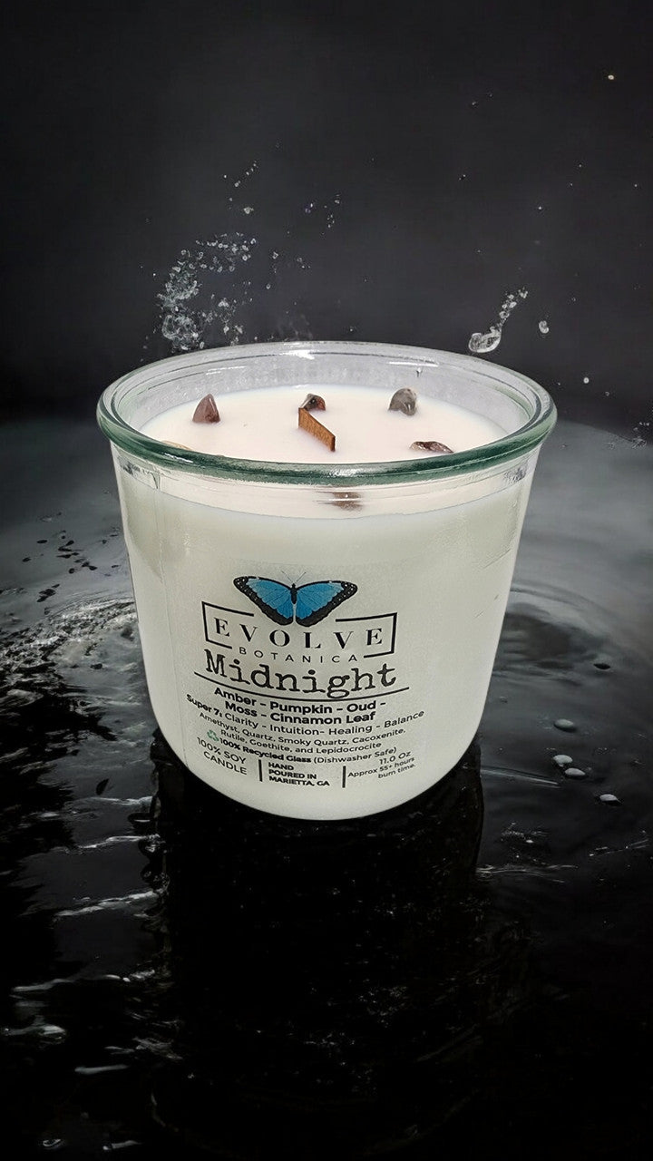 Evolve Botanica Rocks Candle - Midnight (Wood Wick, Super Seven Gemstone Soy Candle)