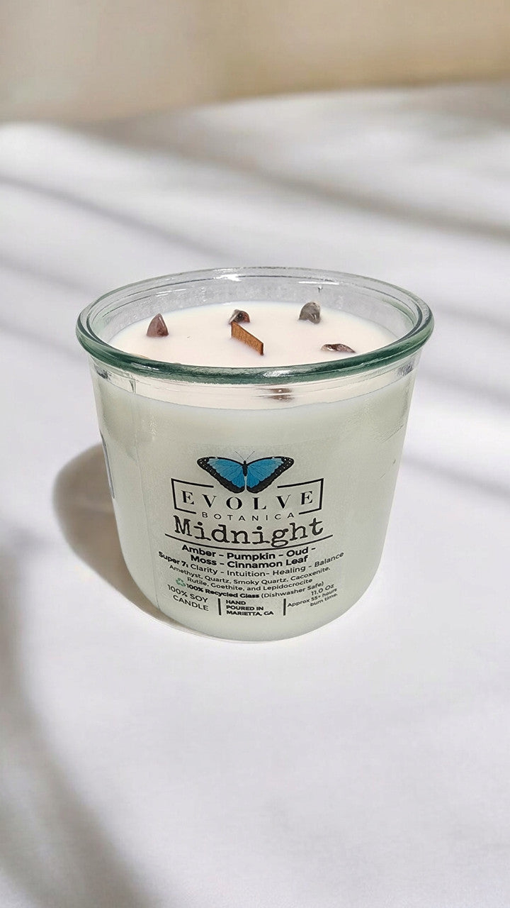 Evolve Botanica Rocks Candle - Midnight (Wood Wick, Super Seven Gemstone Soy Candle)