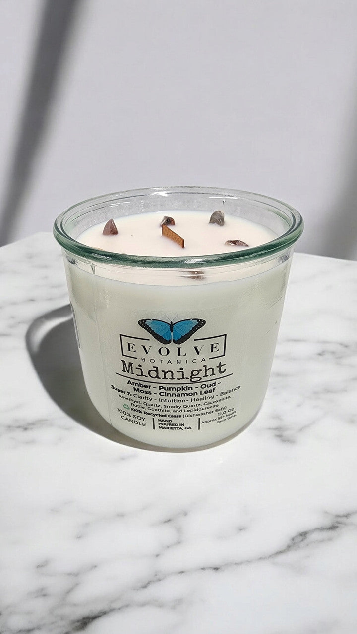 Evolve Botanica Rocks Candle - Midnight (Wood Wick, Super Seven Gemstone Soy Candle)