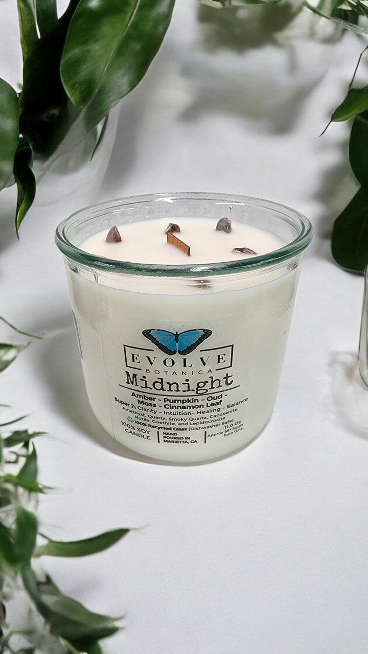 Evolve Botanica Rocks Candle - Midnight (Wood Wick, Super Seven Gemstone Soy Candle)